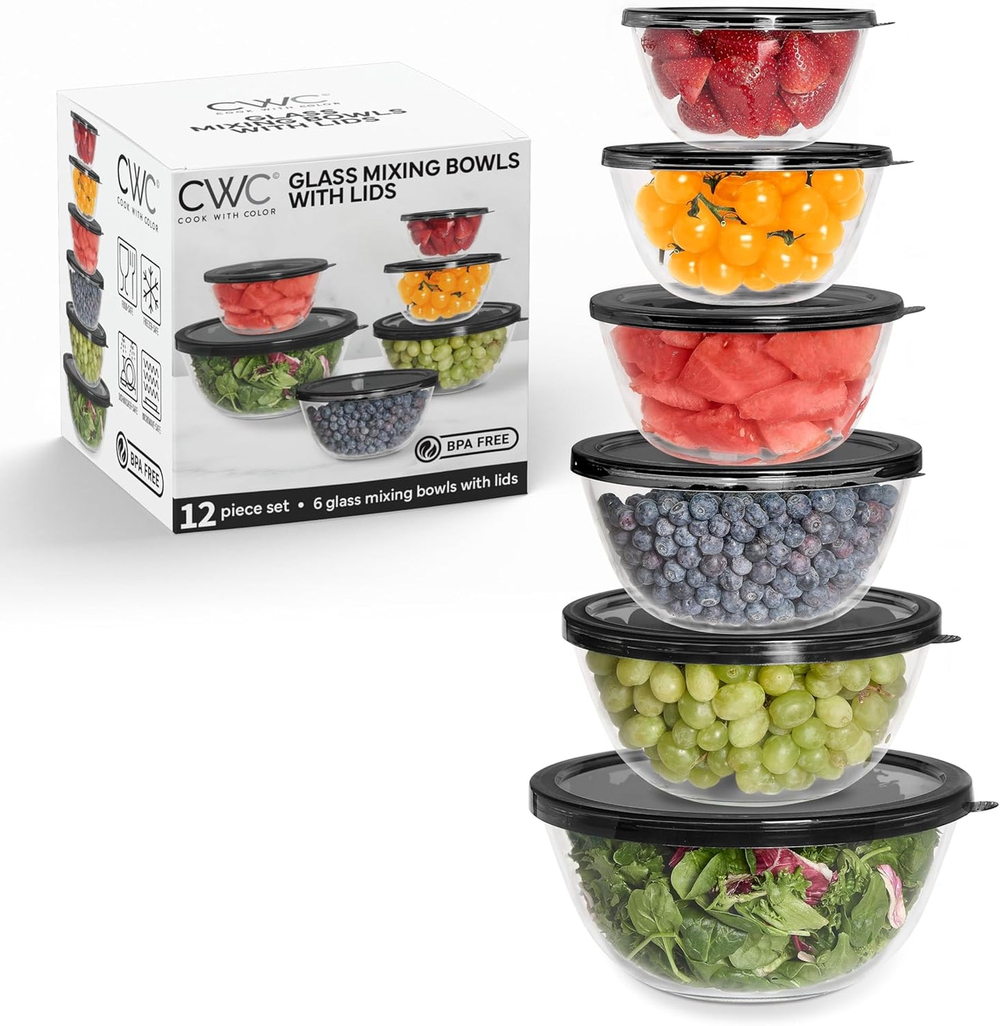 12 Pc Glass Mixing Bowl Set with Lids for Cooking and Baking