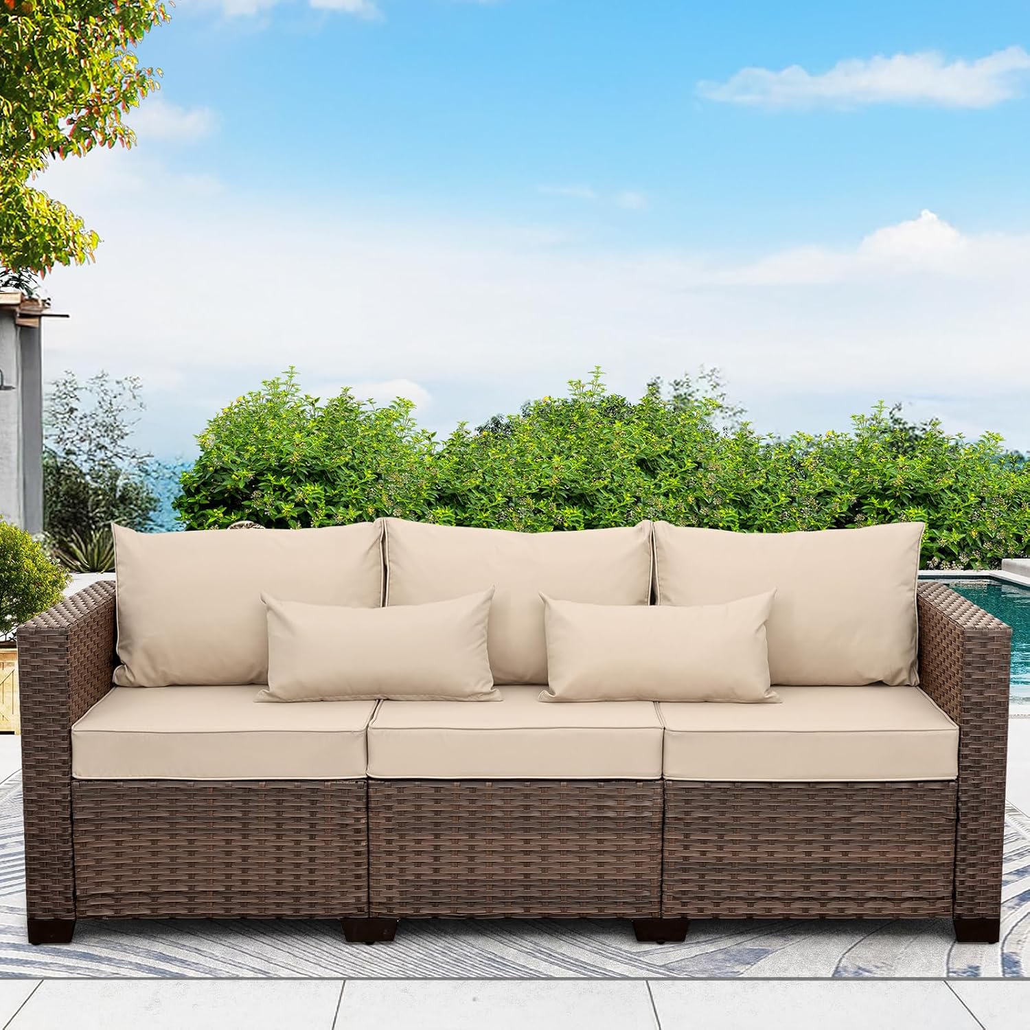 Brown Wicker 3-Seater Outdoor Sofa with Waterproof Cover