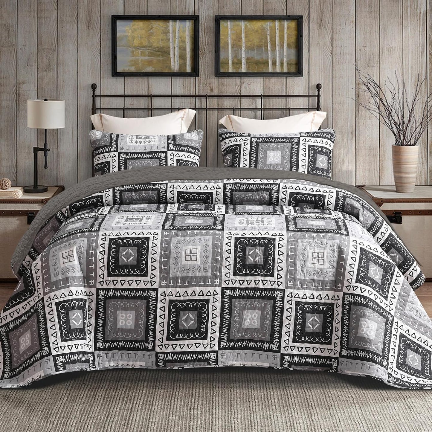 Reversible Boho Quilt Set Queen Size for All Seasons Comfort