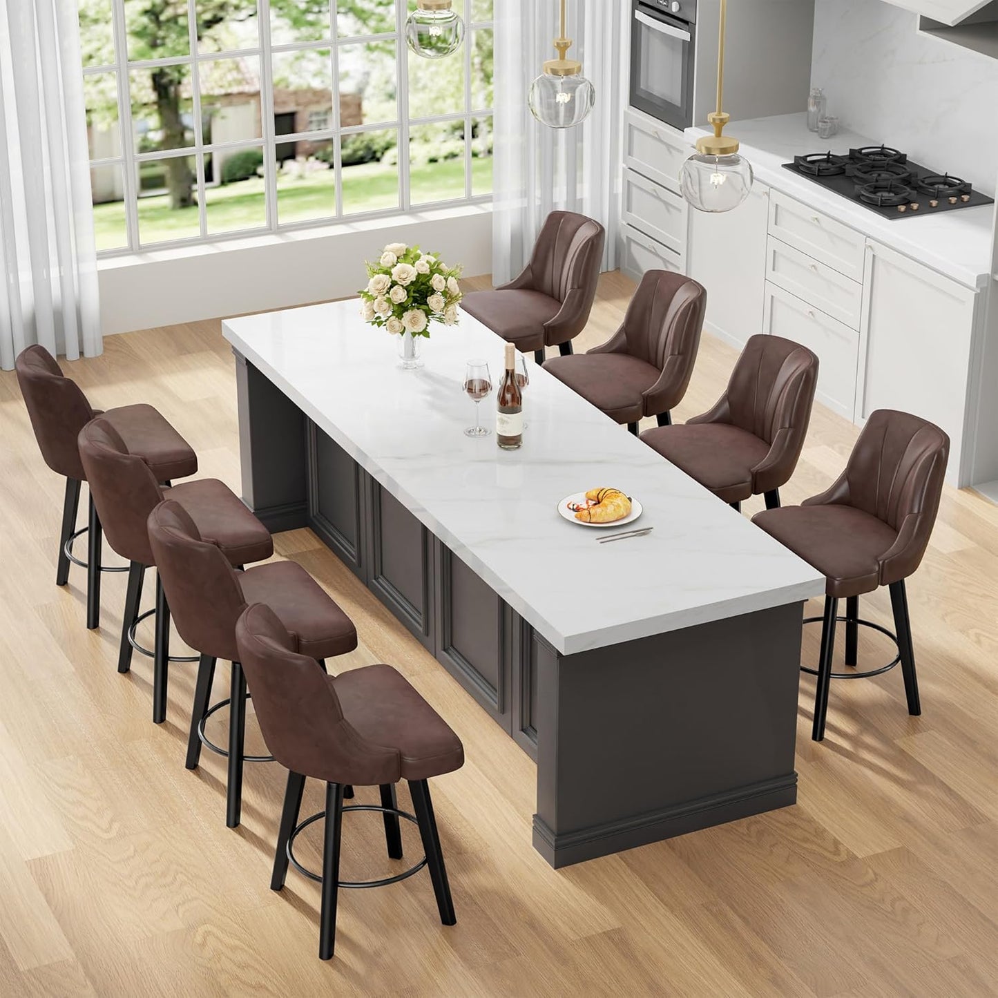 Counter Height Swivel Bar Stool Set of 8 with PU Leather Upholstery