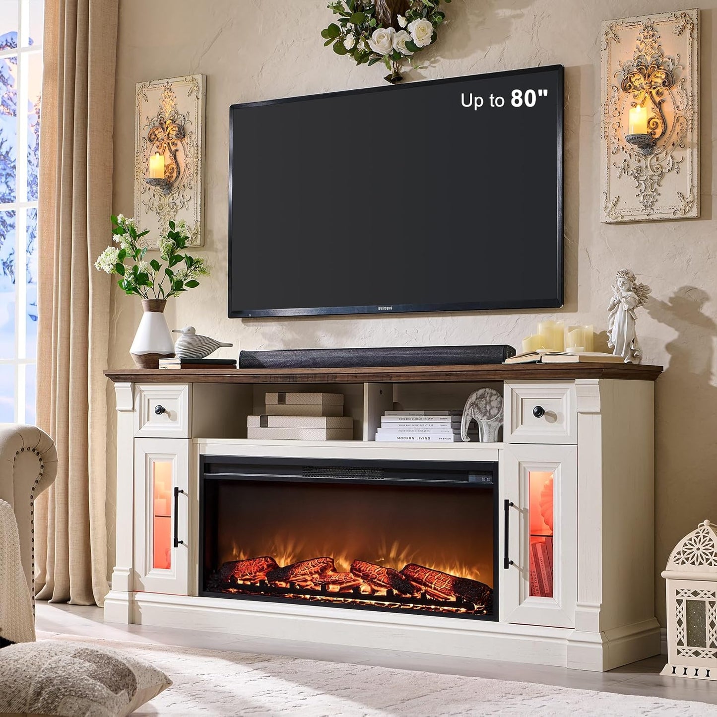 Farmhouse Entertainment Center with Electric Fireplace - Antique White