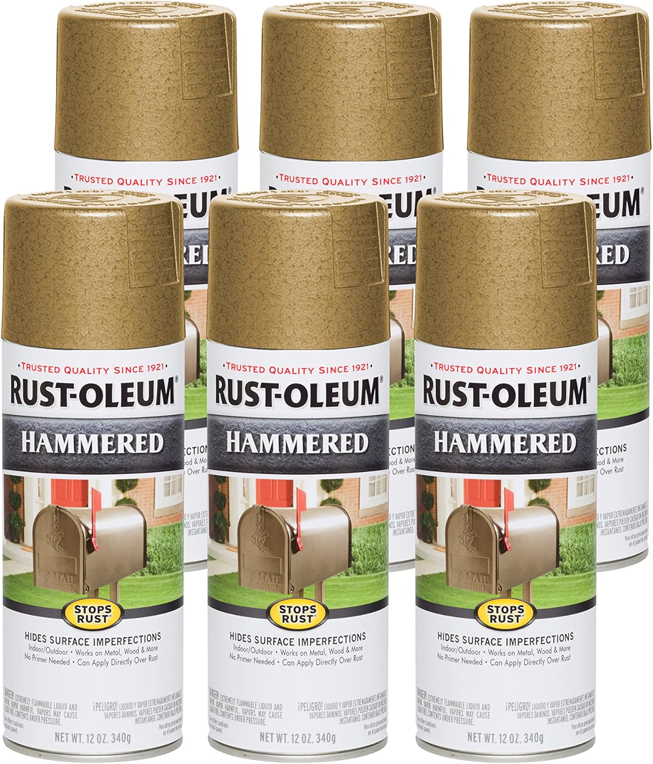 Rust-Oleum Stops Rust Hammered Spray Paint, 12 oz, Gold, 6 Pack