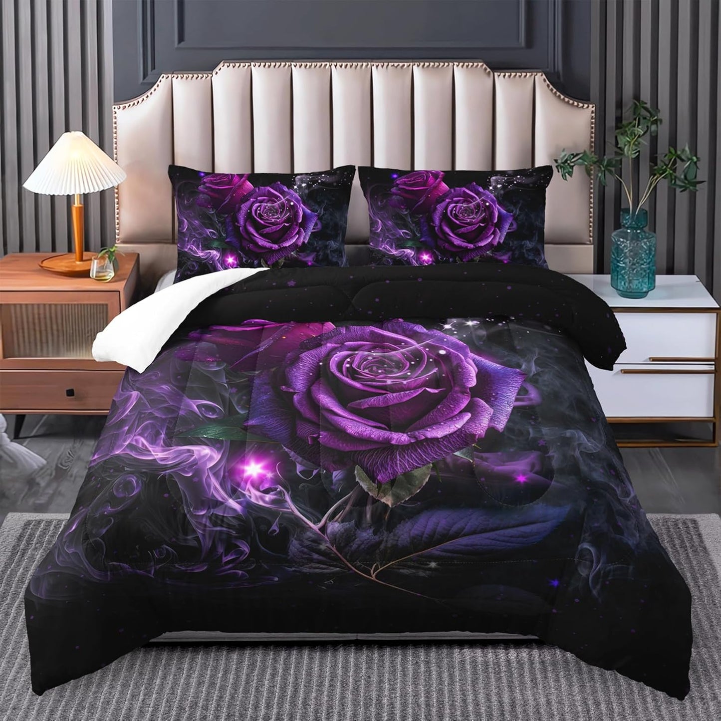 Purple Rose Comforter Set - Full Size Bedding for Women