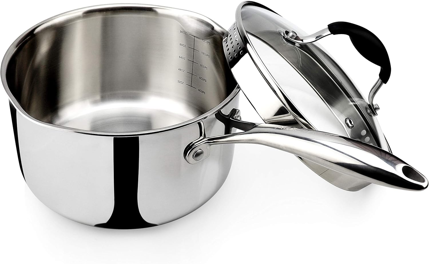 Tri-Ply Stainless Steel Saucepan with Glass Strainer Lid
