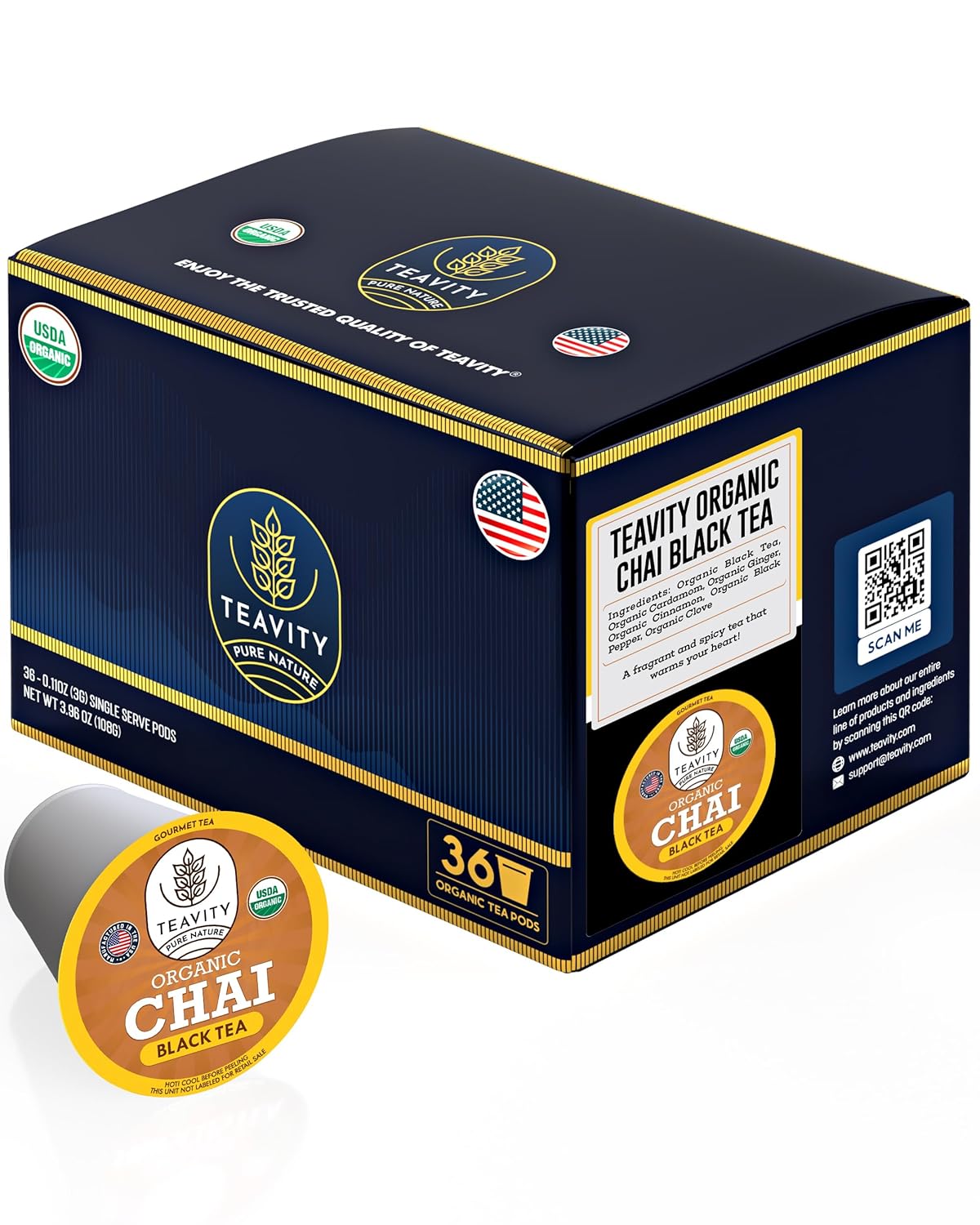 Organic Chai Black Tea Pods for Keurig by Teavity - 36 Pods