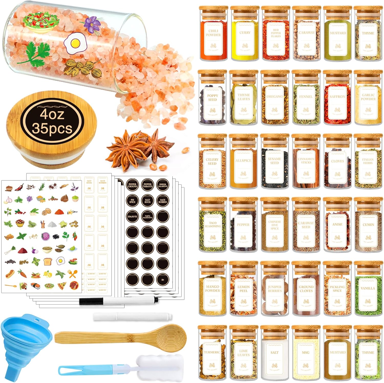 Spice Jars with Labels - 35 Pcs 4 oz Glass Containers for Kitchen