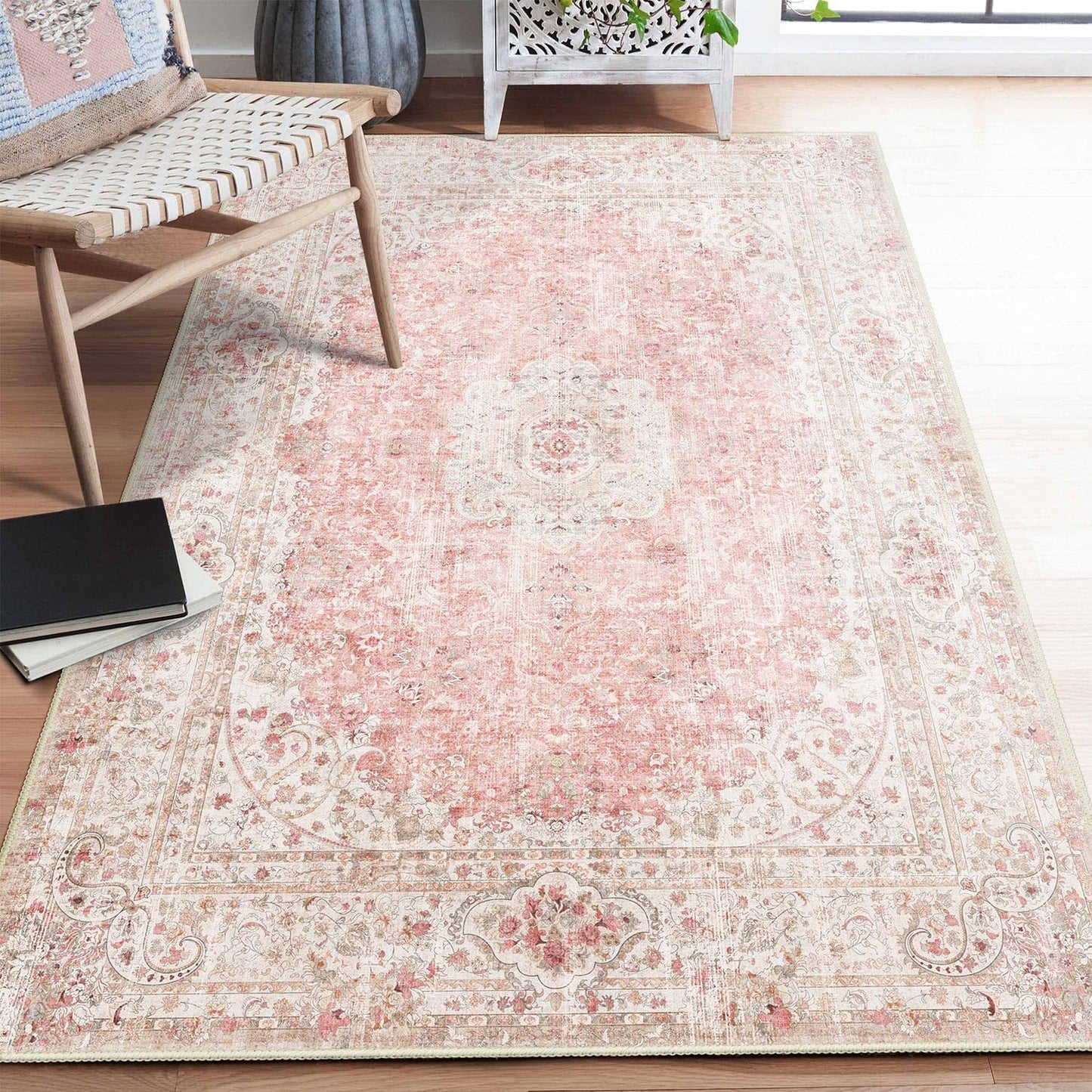 Pink Rug 4ftx6.5ft - Washable Boho Vintage Area Rug for Home