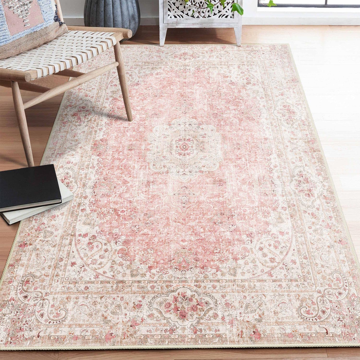 Pink Rug 4ftx6.5ft - Washable Boho Vintage Area Rug for Home