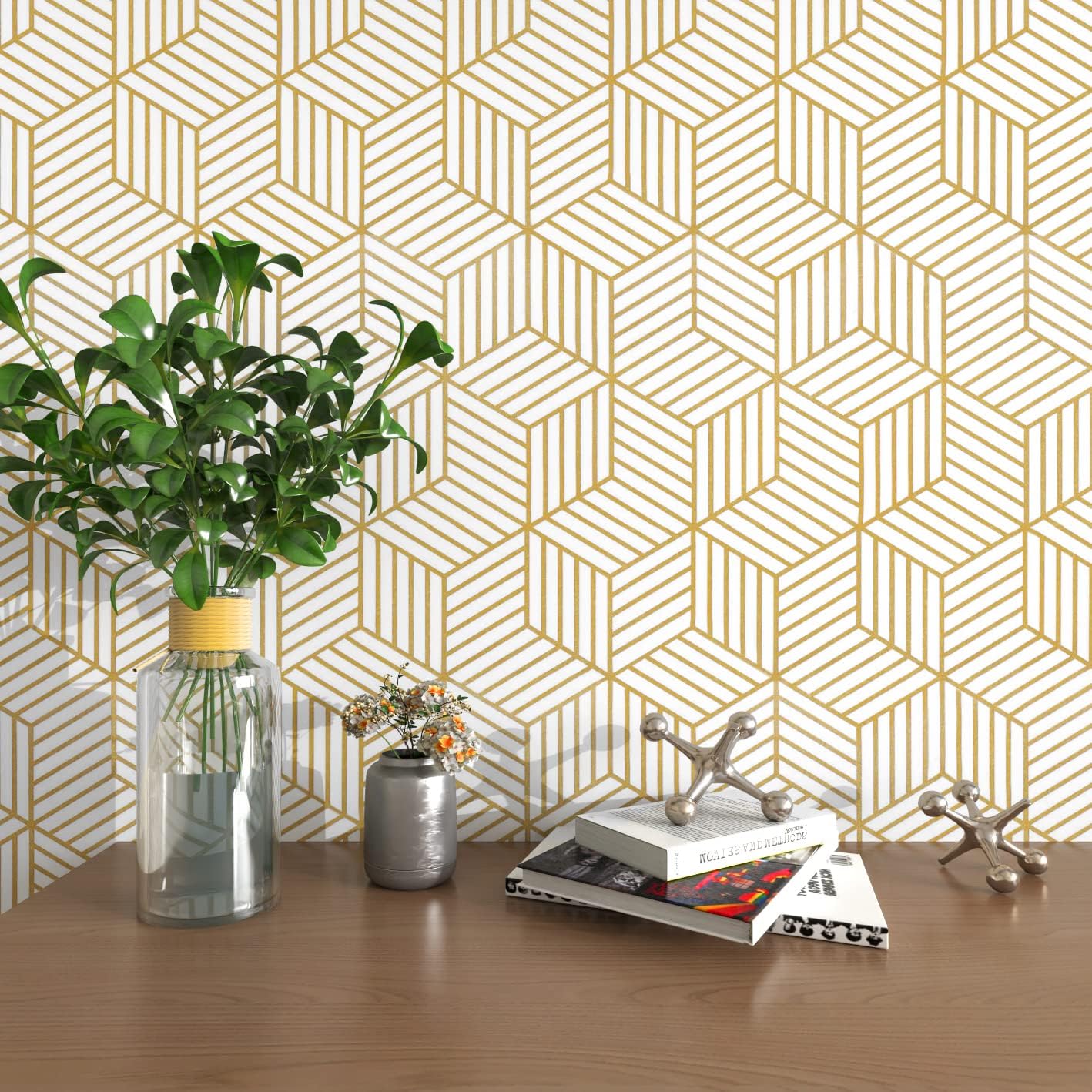 MelunMer Gold Geometric Wallpaper Peel and Stick for Modern Spaces
