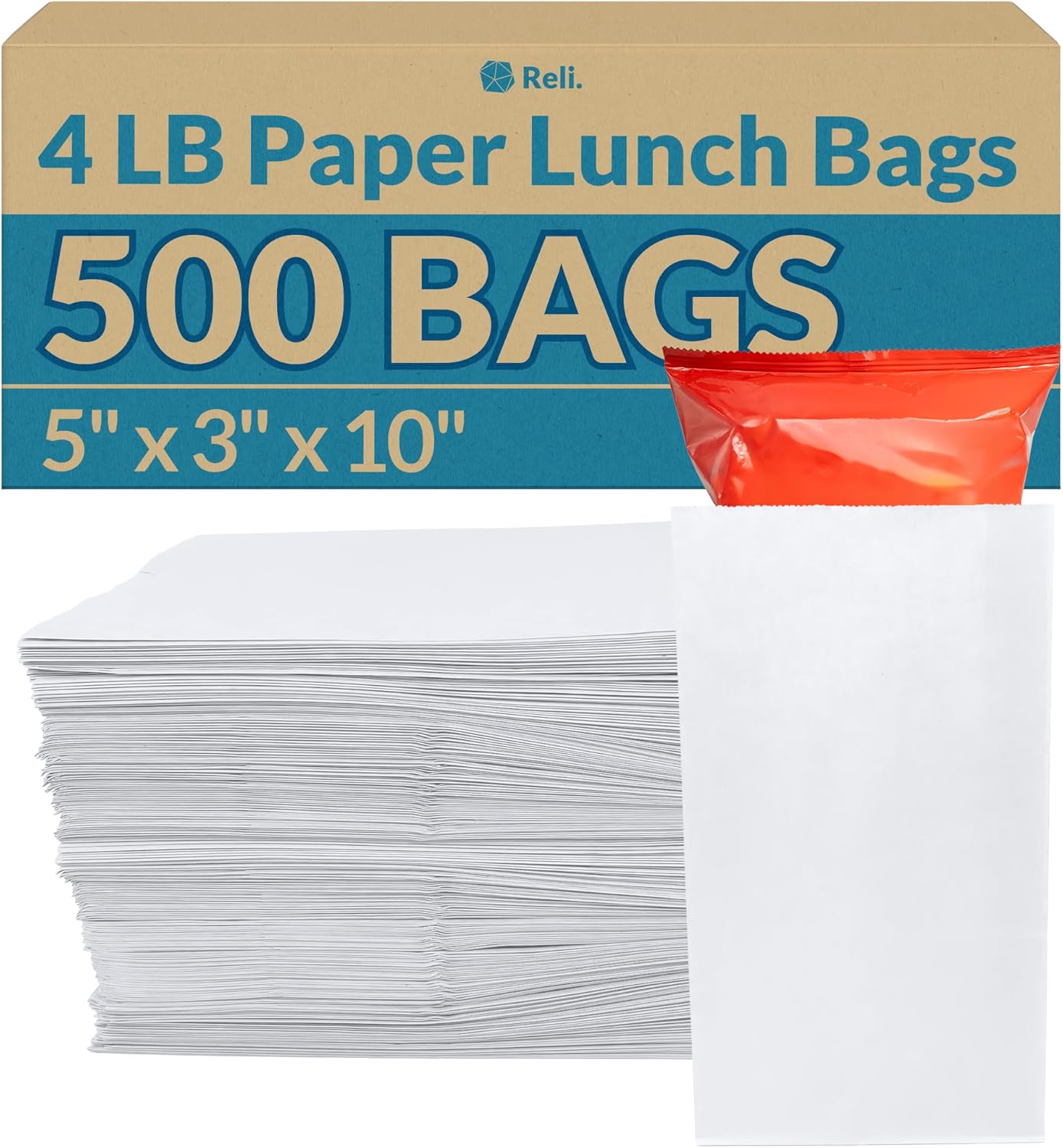 Reli. White Paper Bags for Lunches, Snacks, and Crafts - 500 Count