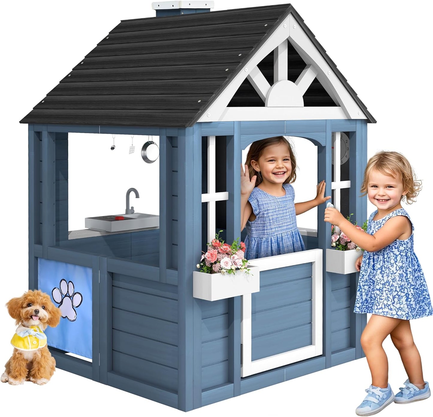 Kids Outdoor Playhouse with Kitchen and Pet Door for Fun