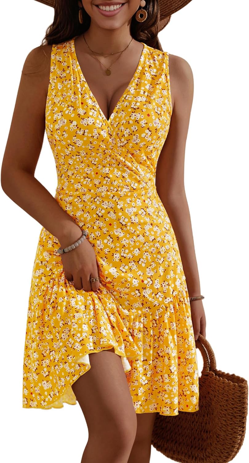 FENSACE Women's Summer Sleeveless Sexy Wrap V Neck Floral Dress