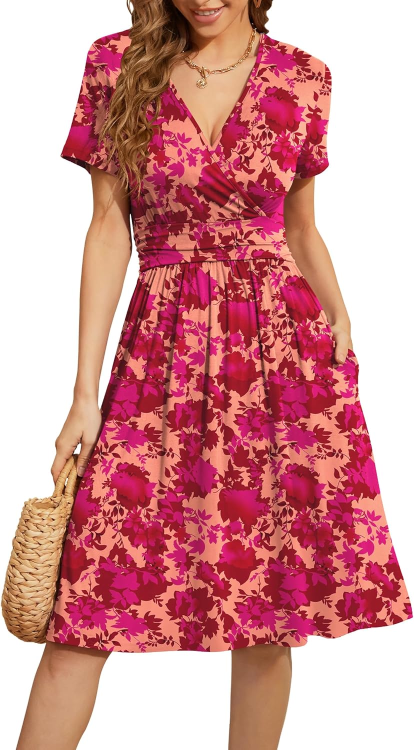 WEACZZY Women's Summer Short Sleeve Casual Floral Dress with Pockets
