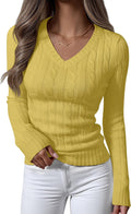 ANRABESS Womens Cable Knit V Neck Sweater - Slim Fitted Fall Pullover