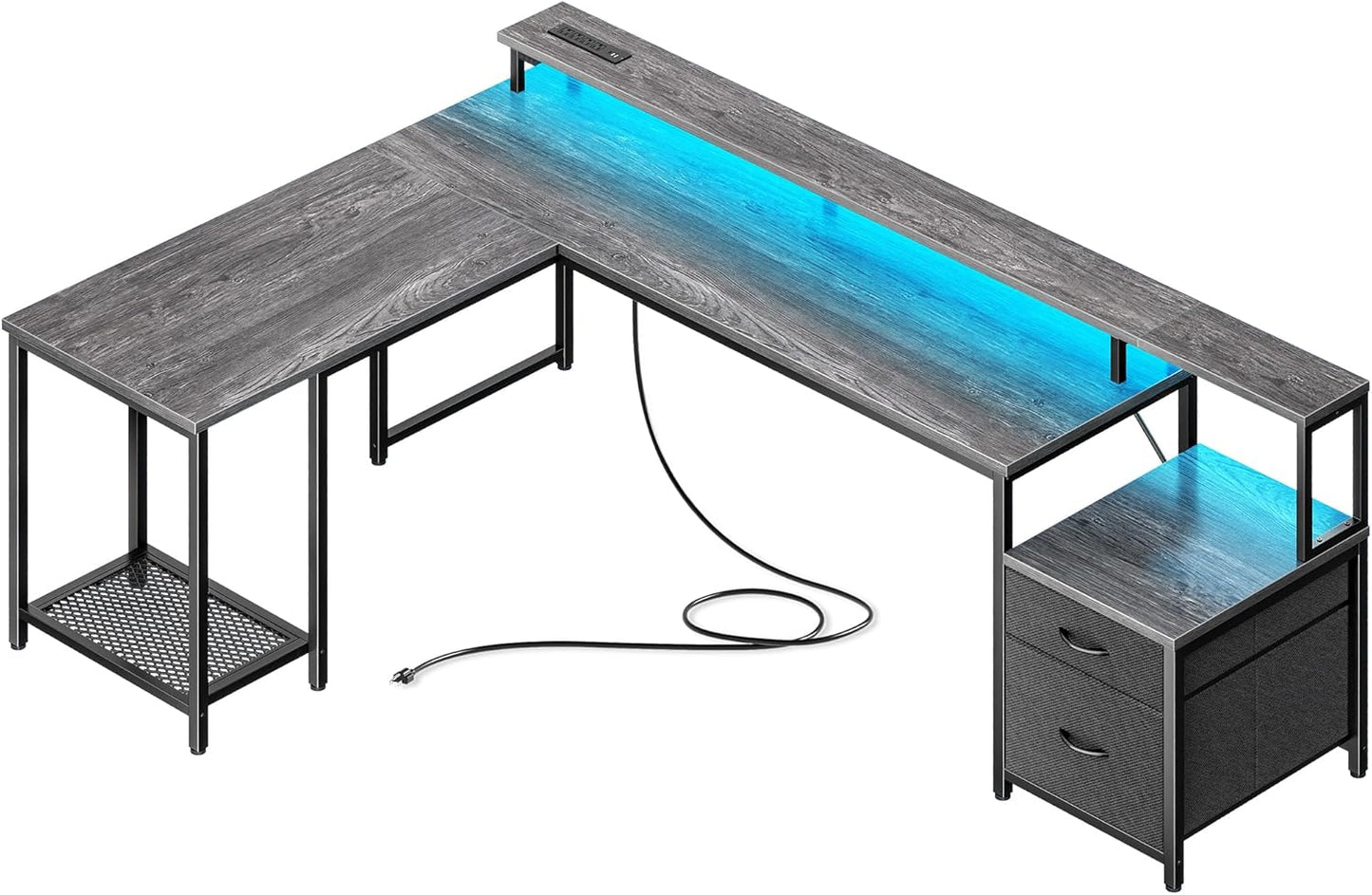 66 Inch L Shaped Computer Desk with Power Outlets and LED Lights