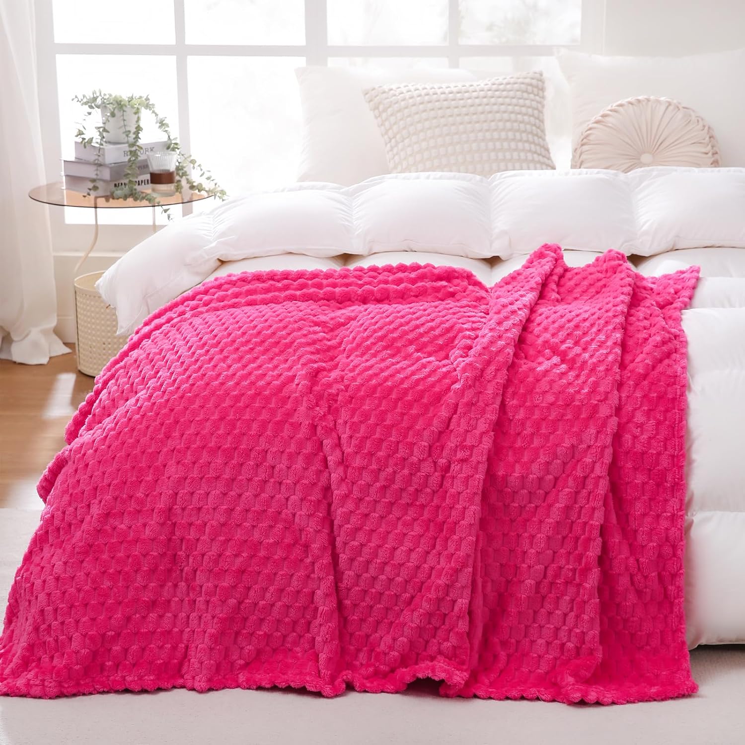 Puncuntex Hot Pink Throw Blanket - Cozy Flannel Fleece 108in x 90in