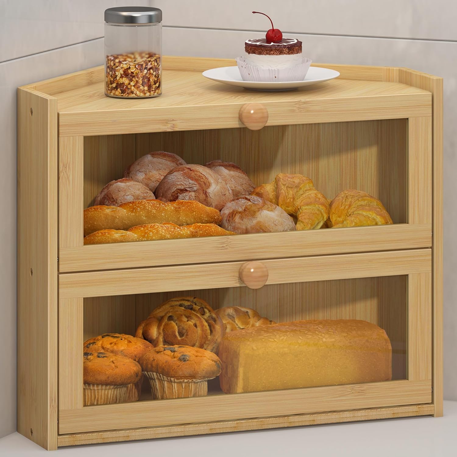 Bamboo Corner Bread Box for Kitchen Countertop Storage Solution