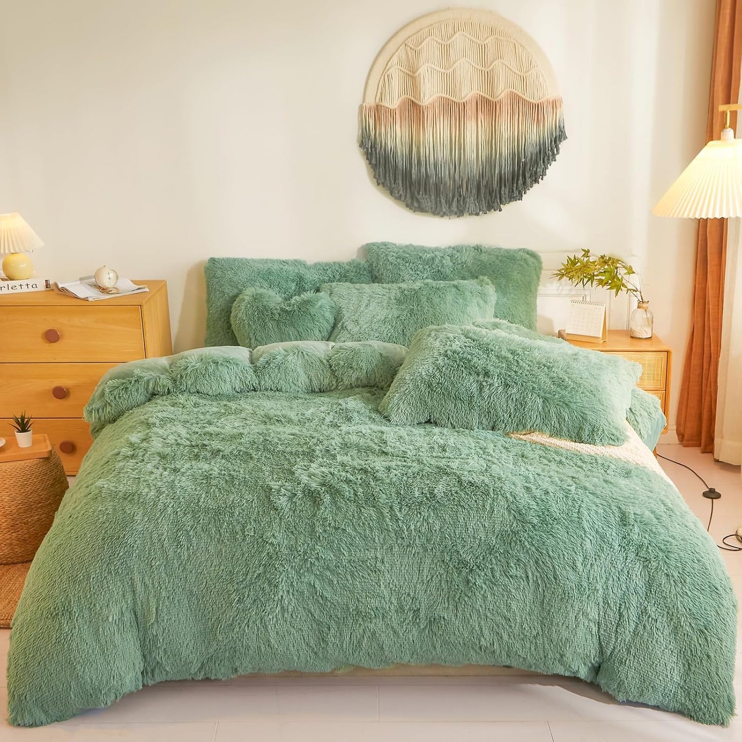 Fluffy Faux Fur Green Comforter Cover Twin Set for Cozy Bedding