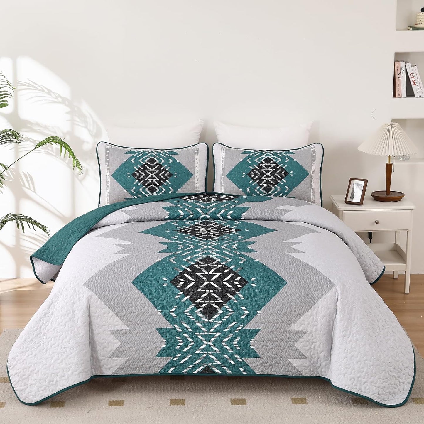 Teal Boho Quilt Set Queen 3 Pieces Turquoise Aztec Design