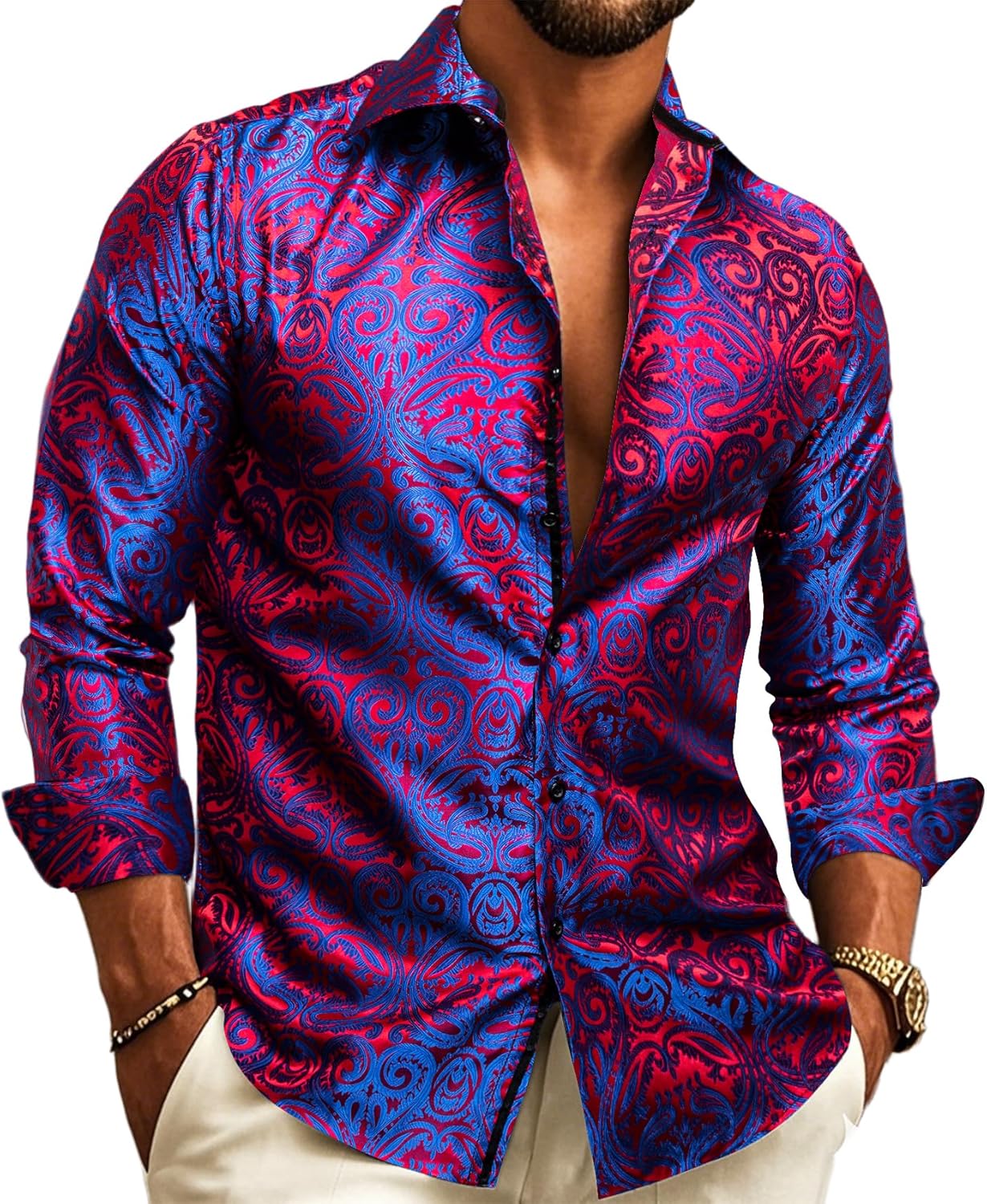 Barry.Wang Mens Casual Long Sleeve Silk Button Up Dress Shirt