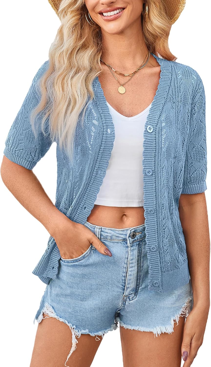 Yekaty Womens Short Sleeve Crochet Summer Cardigan for Dress