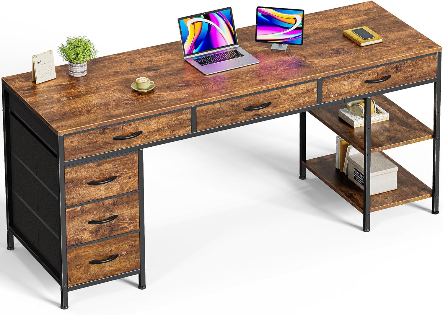 Spacious 6-Drawer Corner Desk - Rustic Brown