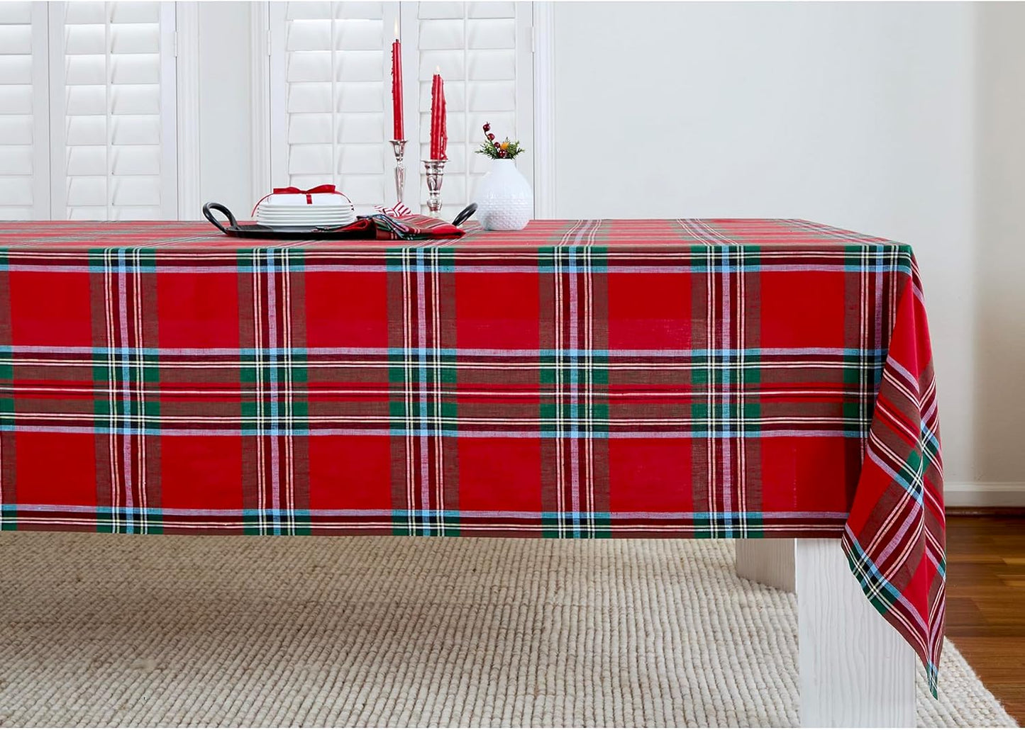Luxurious 100% Pure Linen Red Tartan Plaid Tablecloth for Holidays