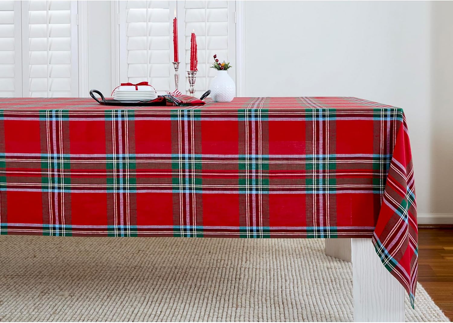 Luxurious 100% Pure Linen Red Tartan Plaid Tablecloth for Holidays