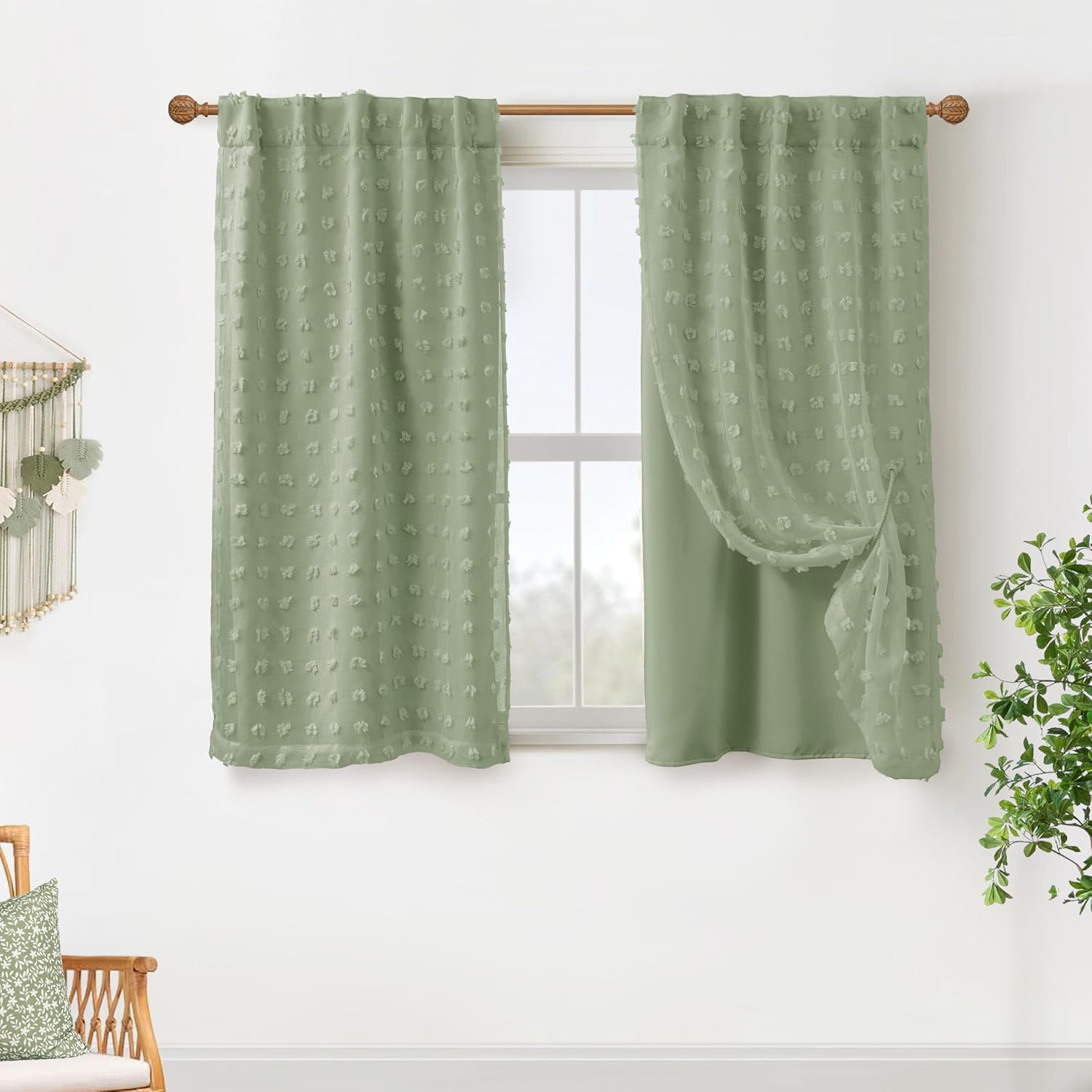 Back Tab Pom Pom Sage Green Curtains for Girls Room Decor