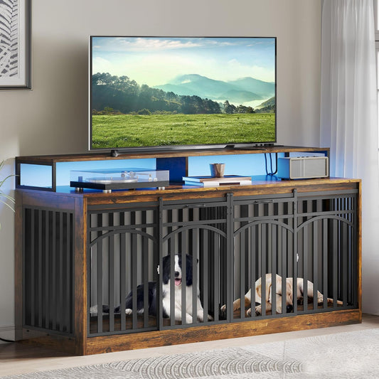 DWVO 71 Double Dog Crate Furniture with LED Light & Power Outlets