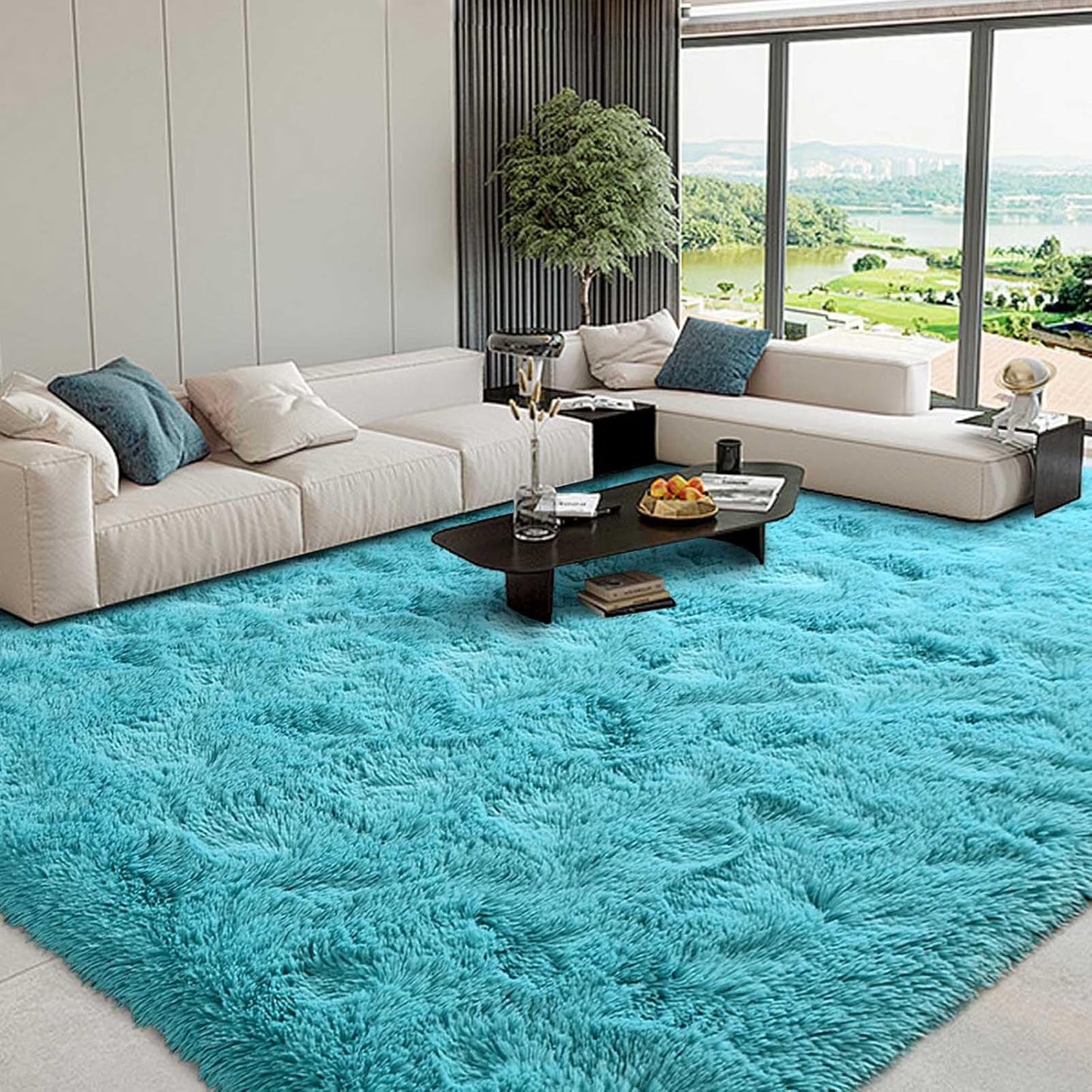 FinRec 8x10 Ft Soft Blue Plush Shaggy Area Rug for Home Decor