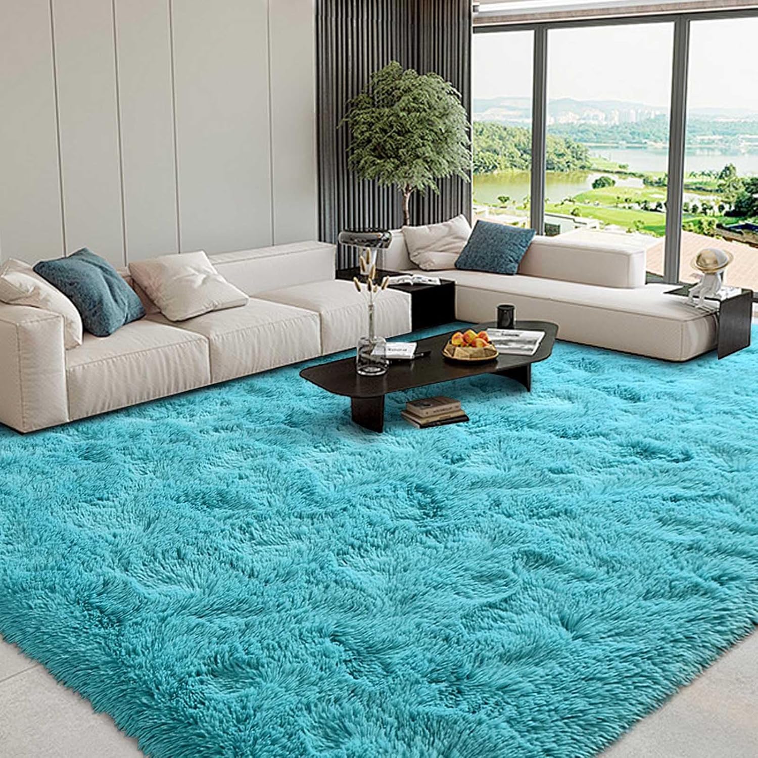 FinRec 8x10 Ft Soft Blue Plush Shaggy Area Rug for Home Decor