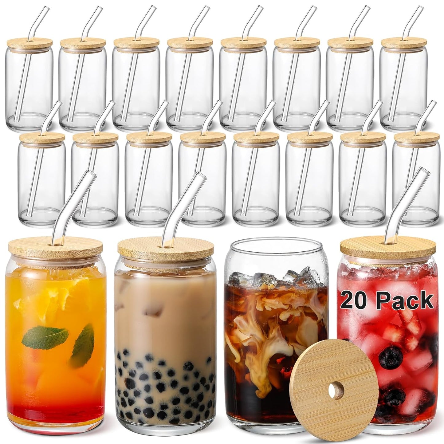 VITEVER 20pcs Set Glass Cups with Bamboo Lids and Straws