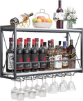 Dokser Wine Rack Wall Mounted Shelf - Rustic 2-Tier Bottle & Glass