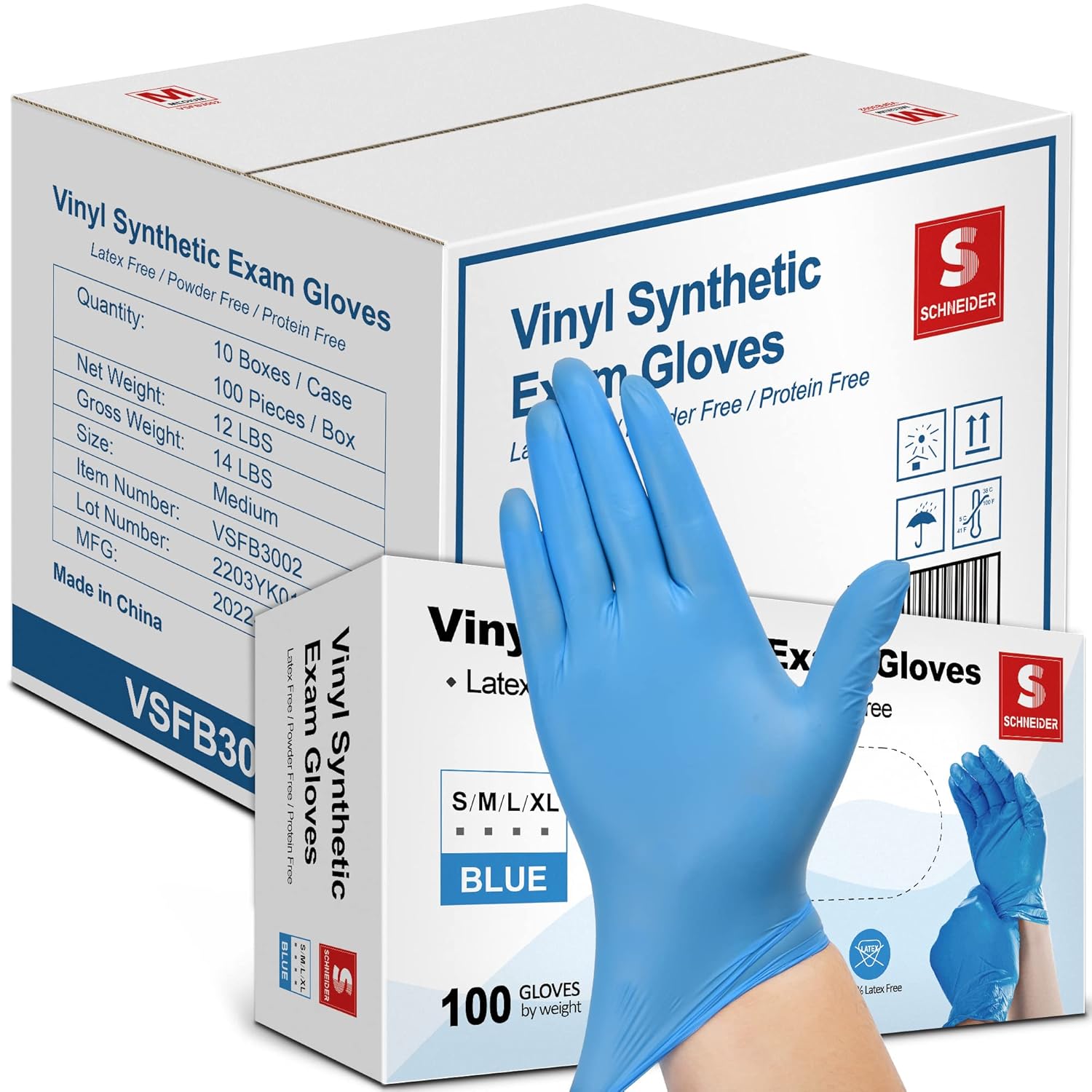 Schneider Care Blue Vinyl Exam Gloves - Case of 1000, Powder-Free, Latex-Free