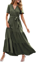 Womens Swiss Dot Maxi Wrap Dress - Flowy Boho Summer Dress