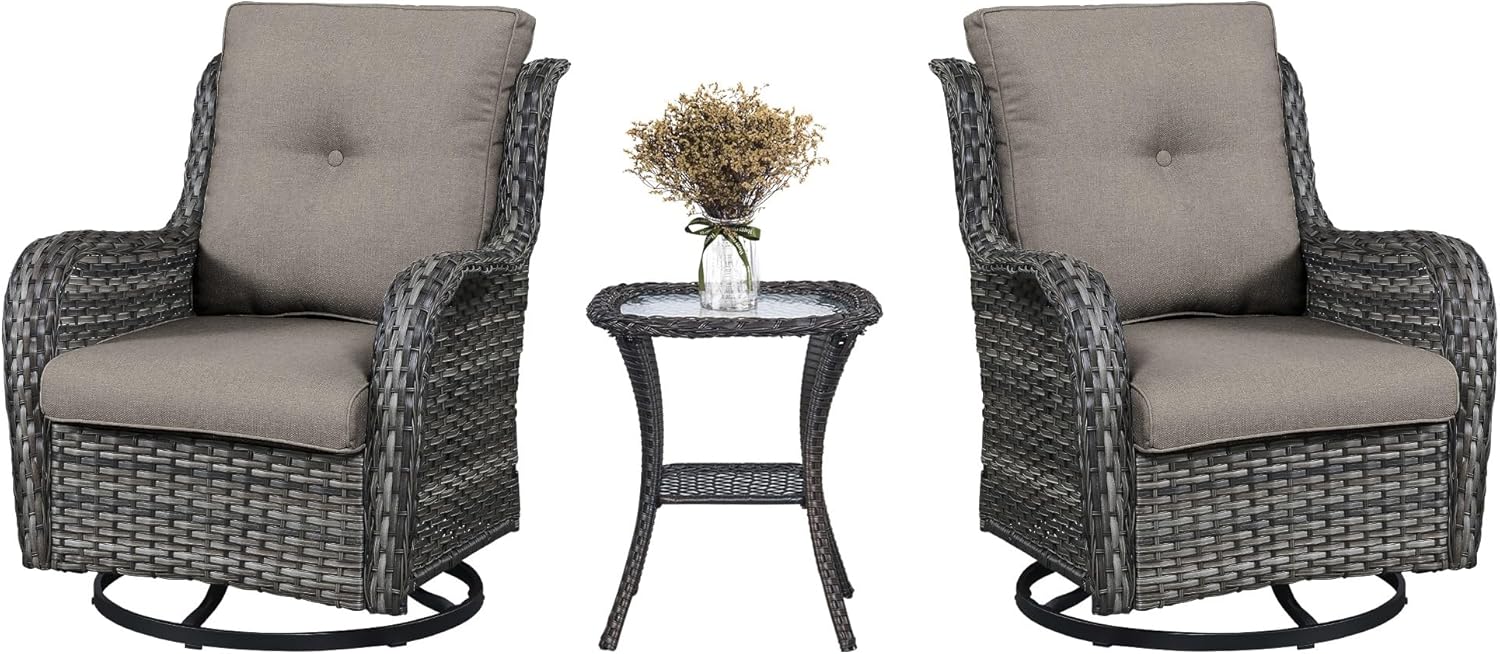 3 PCS Patio Furniture Set - Mixed Grey Wicker Swivel Rocking Chairs