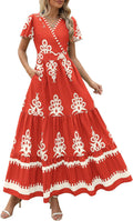 PRETTYGARDEN Womens V Neck Boho Maxi Dress - Flowy Tiered Pocket