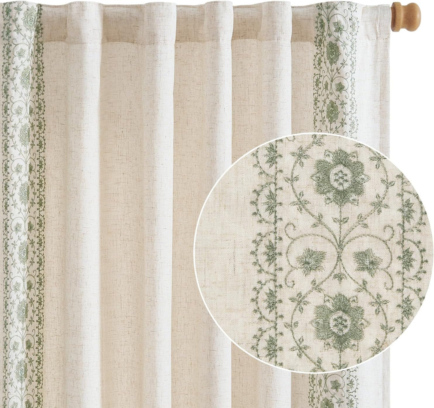 Boho Lined Linen Curtains for Bedroom with Vintage Floral Design