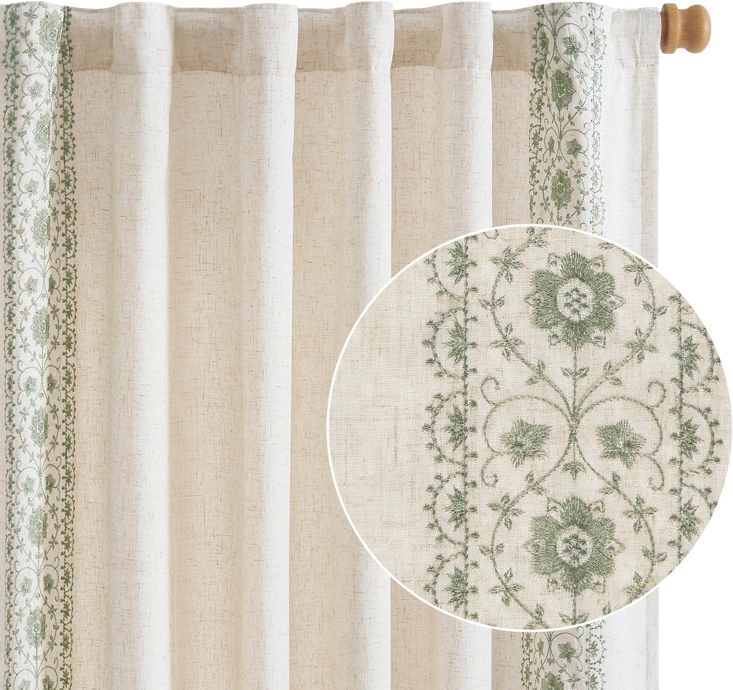 Boho Lined Linen Curtains for Bedroom with Vintage Floral Design