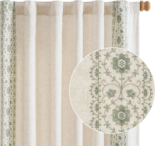 Boho Lined Linen Curtains for Bedroom with Vintage Floral Design