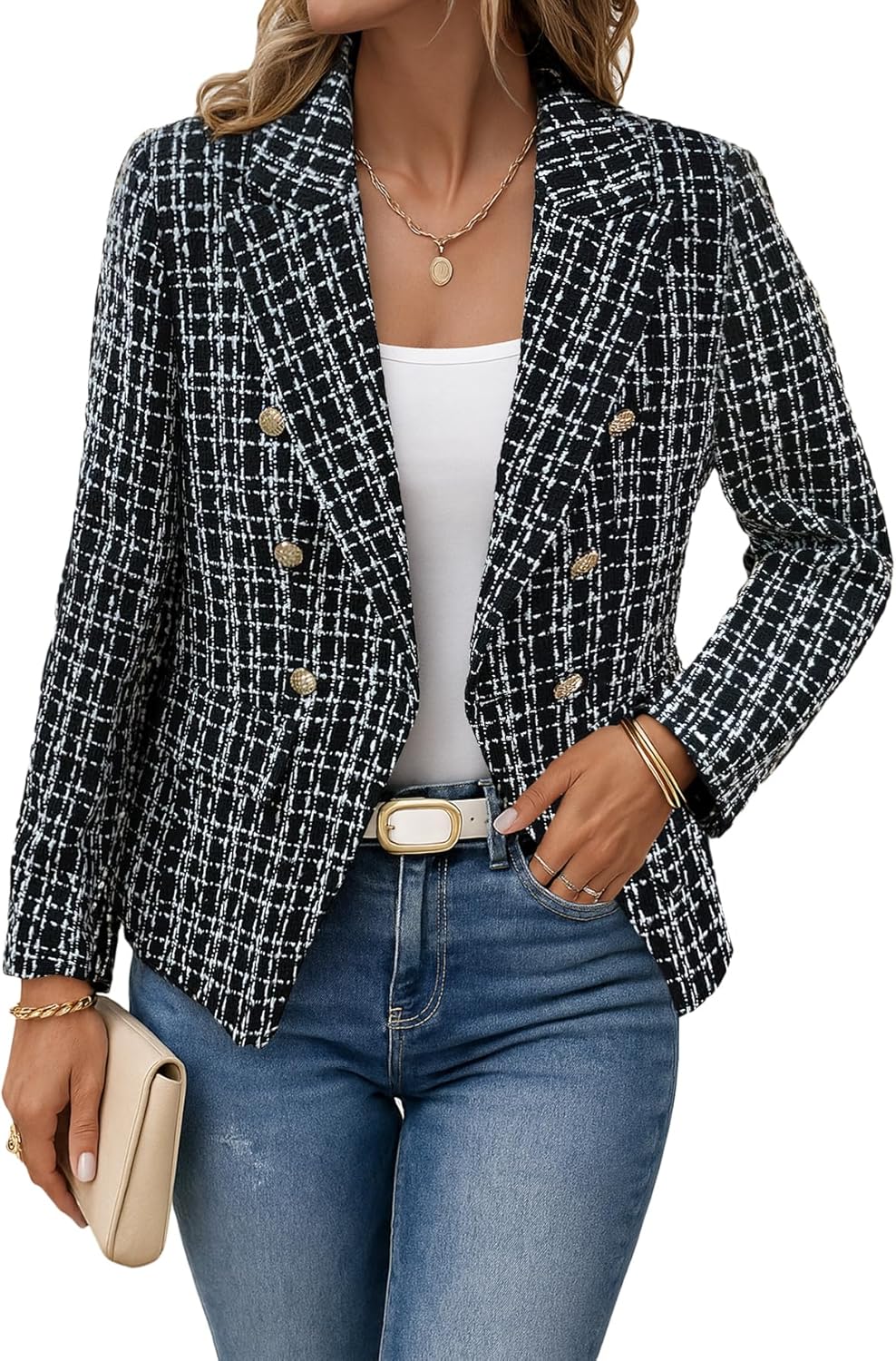 Mina Self Women's Tweed Plaid Blazer Jacket for Fall Fashion