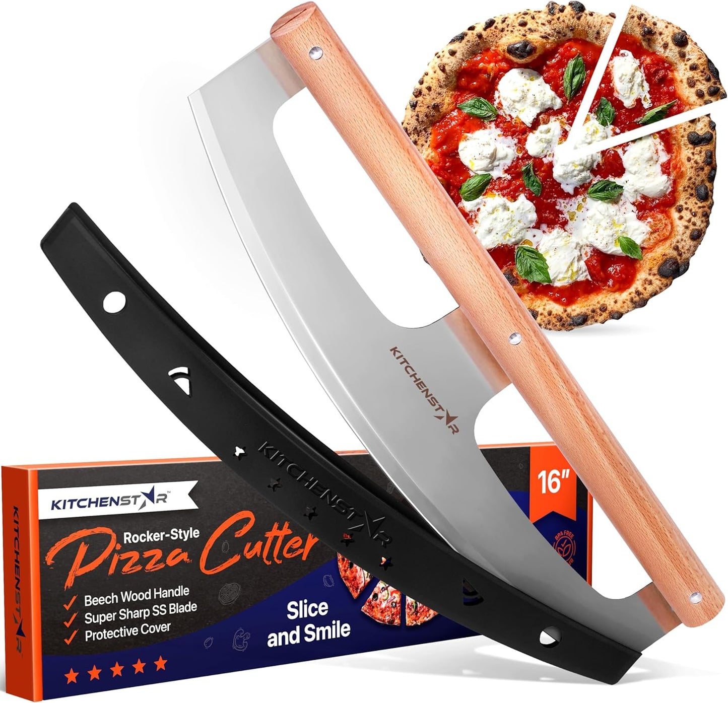 Razor Sharp 16-Inch Pizza Cutter with Beech Wood Handle