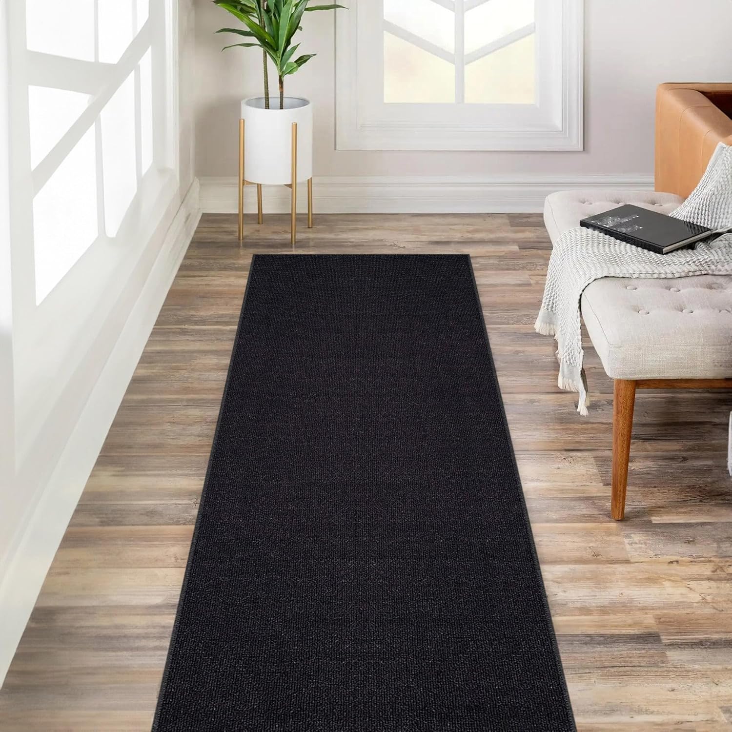 Custom Size Black Solid Rubber Backed Non-Slip Hallway Runner Rug