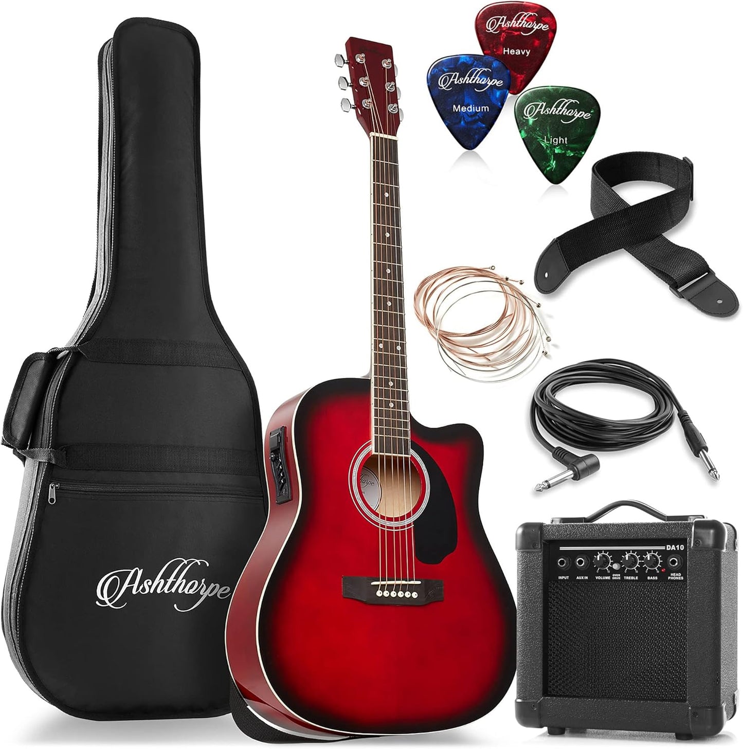 Ashthorpe Red Acoustic Electric Guitar + 10W Amp