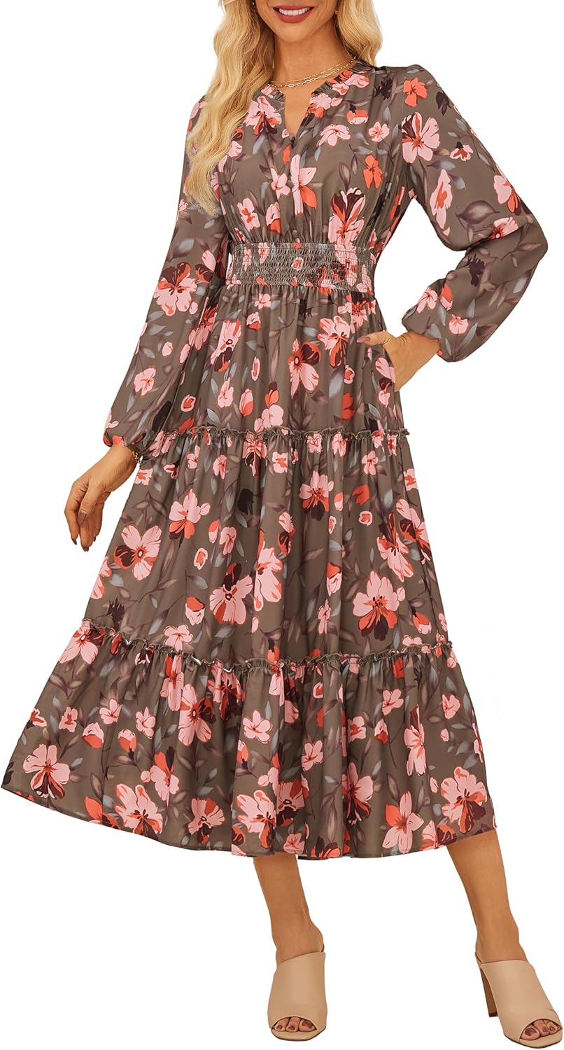 Floral Maxi Dress for Women - Long Sleeve Boho Style with Pockets