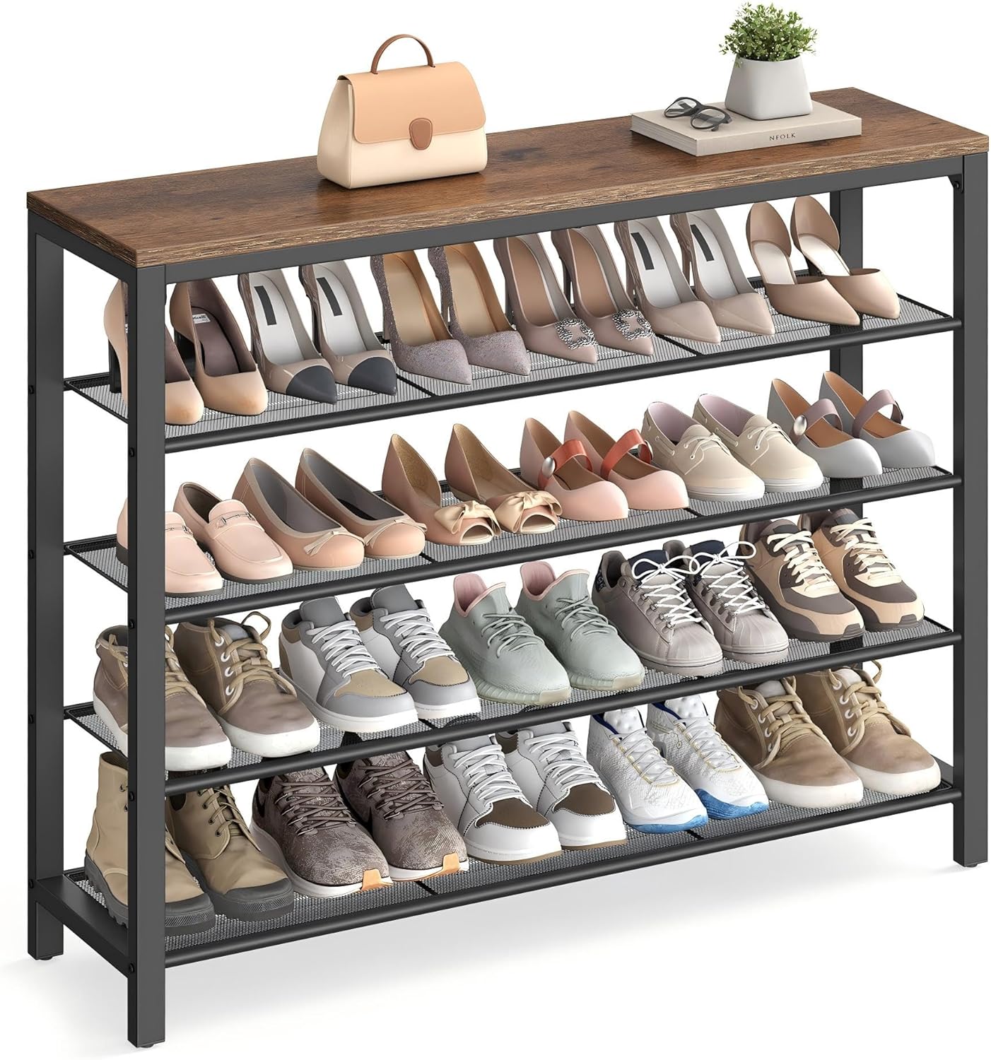VASAGLE INDESTIC Shoe Rack with 4 Mesh Shelves for Entryway