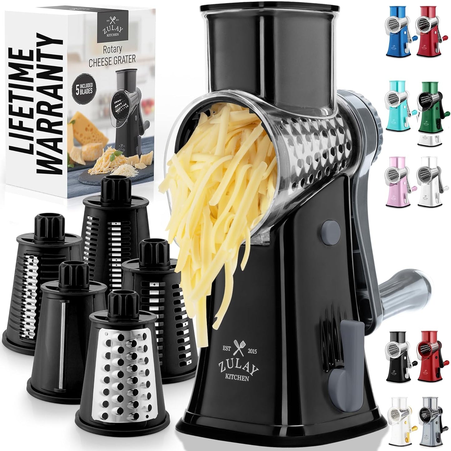 Zulay Kitchen Rotary Cheese Grater - 5 Blade Manual Shredder