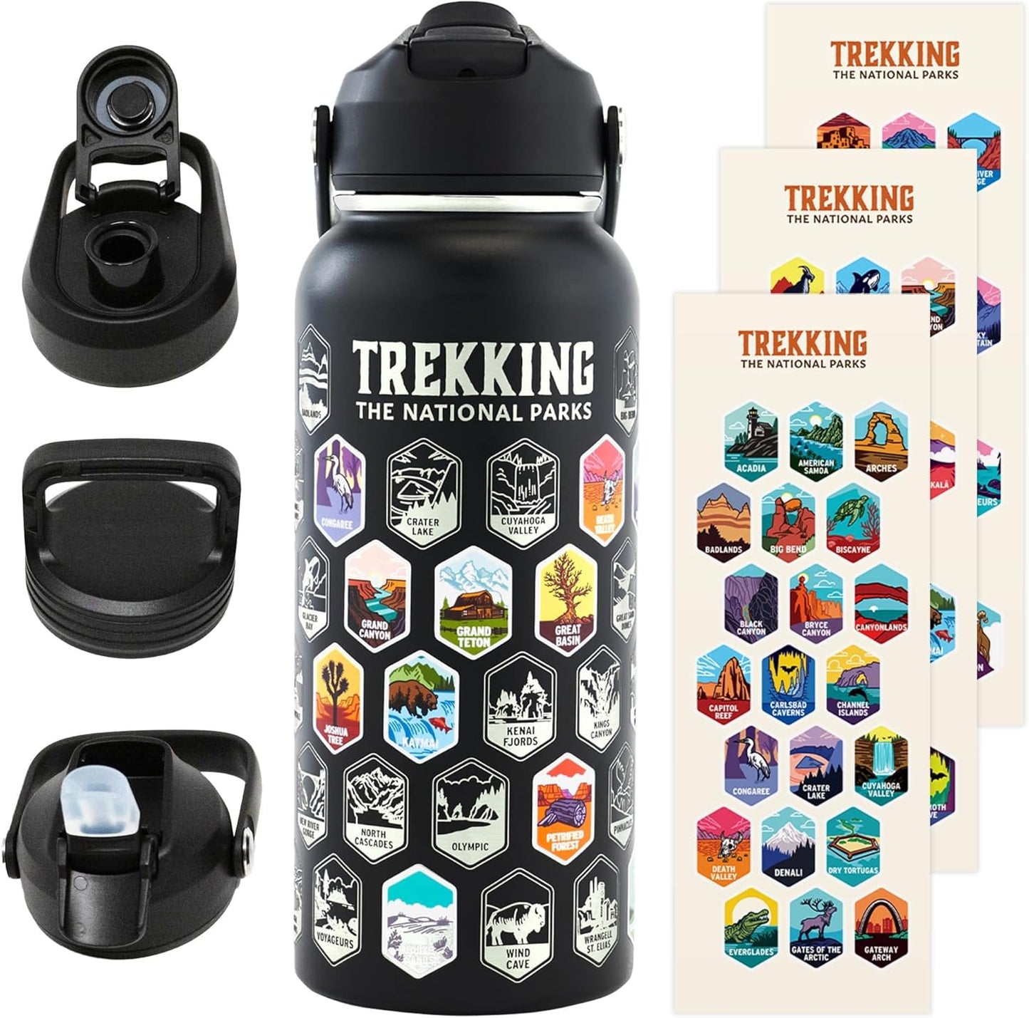 Trekking The National Parks Water Bottle with 63 Stickers & 3 Lids