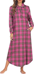 Women's Cotton Plaid Nightgown Long Sleeve Sleep Shirt - Cozy Fit